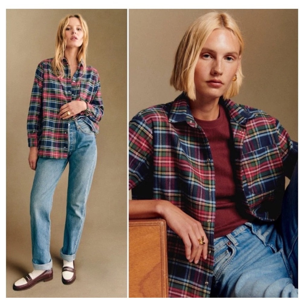 Sezane Max Shirt Plaid Flannel Button Down Stewart Tartan Multi-Color Size 42